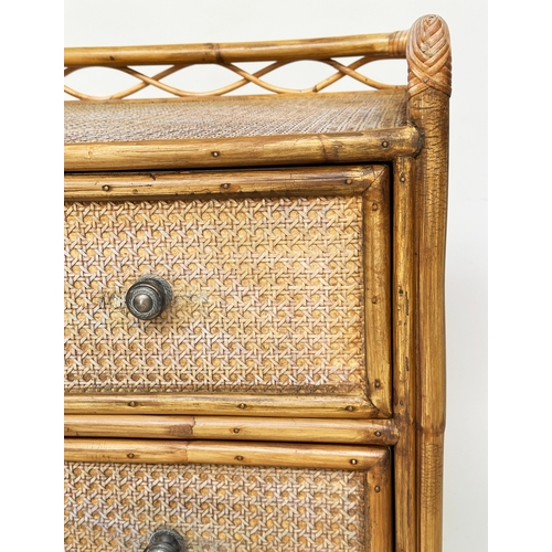 312 - BAMBOO CHEST BY ANGRAVES, 1970s rattan bamboo framed, wicker panelled and cane bound with three draw... 