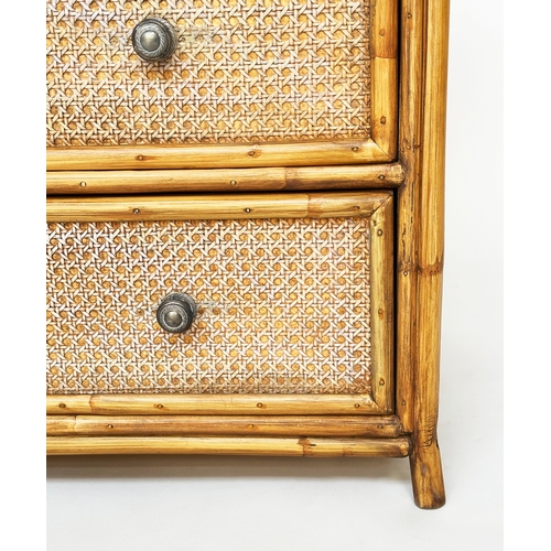 312 - BAMBOO CHEST BY ANGRAVES, 1970s rattan bamboo framed, wicker panelled and cane bound with three draw... 