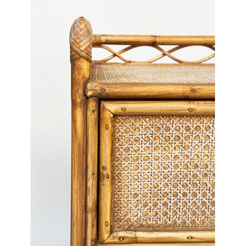 312 - BAMBOO CHEST BY ANGRAVES, 1970s rattan bamboo framed, wicker panelled and cane bound with three draw... 