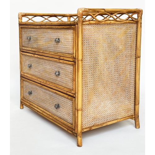 312 - BAMBOO CHEST BY ANGRAVES, 1970s rattan bamboo framed, wicker panelled and cane bound with three draw... 