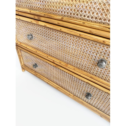 312 - BAMBOO CHEST BY ANGRAVES, 1970s rattan bamboo framed, wicker panelled and cane bound with three draw... 