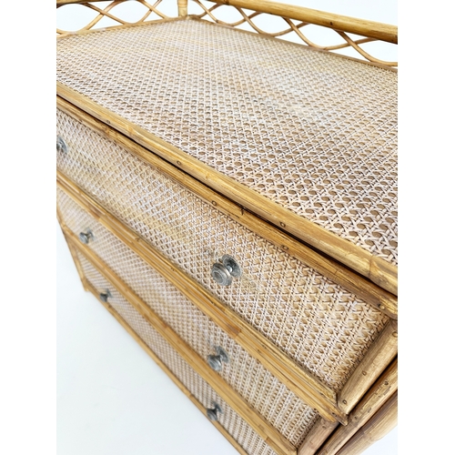 312 - BAMBOO CHEST BY ANGRAVES, 1970s rattan bamboo framed, wicker panelled and cane bound with three draw... 