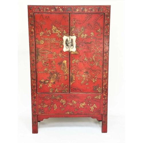 314 - MARRIAGE CABINET, late 19th century Chinese scarlet with gilt chinoiserie decoration and silvered mo... 