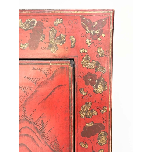 314 - MARRIAGE CABINET, late 19th century Chinese scarlet with gilt chinoiserie decoration and silvered mo... 