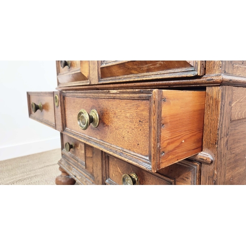 325 - A CHARLES II OAK CHEST OF DRAWERS, circa 1680, split sectioned, fitted with four drawers, with geome... 