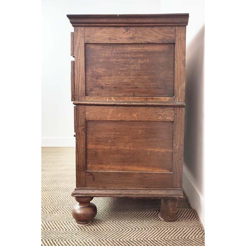 325 - A CHARLES II OAK CHEST OF DRAWERS, circa 1680, split sectioned, fitted with four drawers, with geome... 