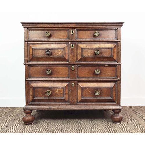 325 - A CHARLES II OAK CHEST OF DRAWERS, circa 1680, split sectioned, fitted with four drawers, with geome... 