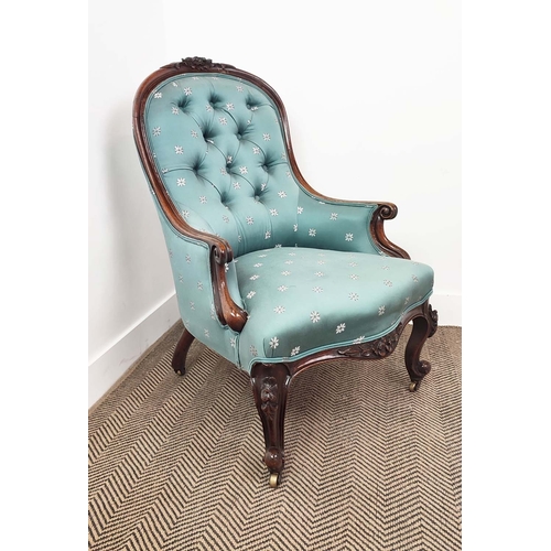 326 - ARMCHAIR, Victorian, with light blue upholstery on carved cabriole supports, 93cm H x 61cm W x 70cm ... 