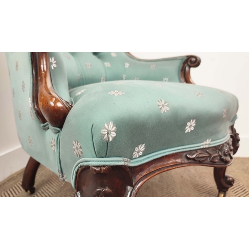 326 - ARMCHAIR, Victorian, with light blue upholstery on carved cabriole supports, 93cm H x 61cm W x 70cm ... 