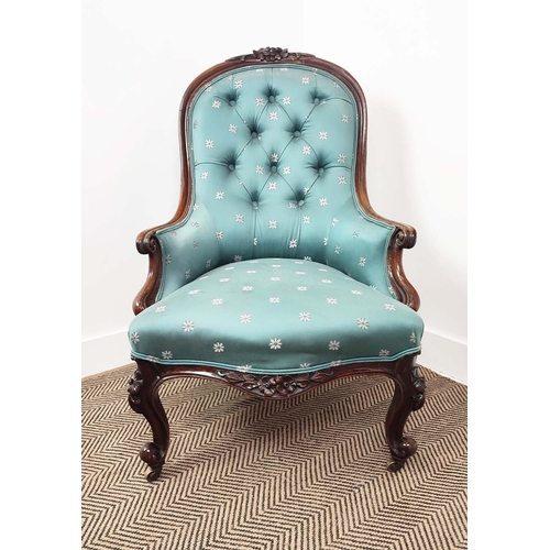 326 - ARMCHAIR, Victorian, with light blue upholstery on carved cabriole supports, 93cm H x 61cm W x 70cm ... 