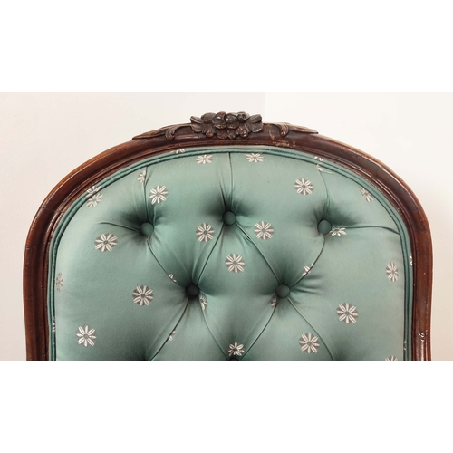 326 - ARMCHAIR, Victorian, with light blue upholstery on carved cabriole supports, 93cm H x 61cm W x 70cm ... 