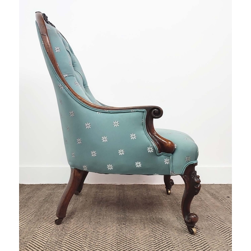 326 - ARMCHAIR, Victorian, with light blue upholstery on carved cabriole supports, 93cm H x 61cm W x 70cm ... 