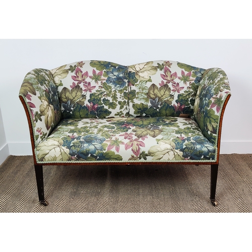 327 - SOFA, Edwardian, with floral linen upholstery on square tapered supports, 84cm H x 128cm W x 60cm D.