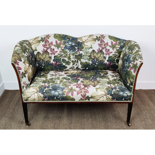 327 - SOFA, Edwardian, with floral linen upholstery on square tapered supports, 84cm H x 128cm W x 60cm D.