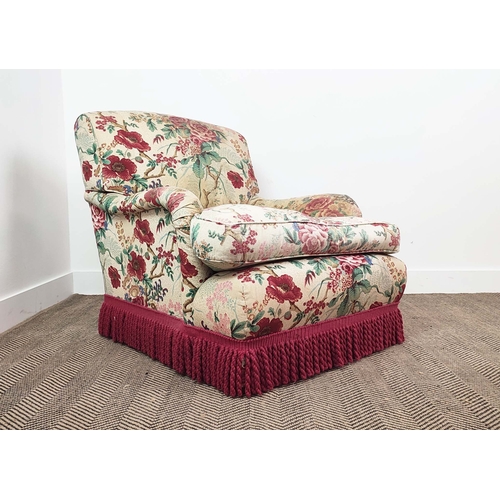 328 - HOWARD STYLE ARMCHAIR, with floral linen upholstery and red tassel fringe, 80cm H x 74cm x 100cm D.