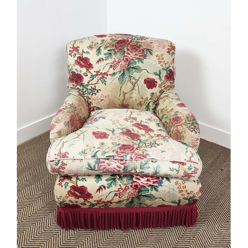 328 - HOWARD STYLE ARMCHAIR, with floral linen upholstery and red tassel fringe, 80cm H x 74cm x 100cm D.