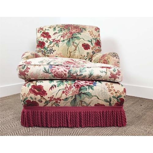 328 - HOWARD STYLE ARMCHAIR, with floral linen upholstery and red tassel fringe, 80cm H x 74cm x 100cm D.