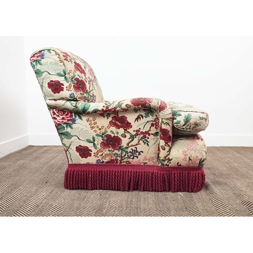 328 - HOWARD STYLE ARMCHAIR, with floral linen upholstery and red tassel fringe, 80cm H x 74cm x 100cm D.