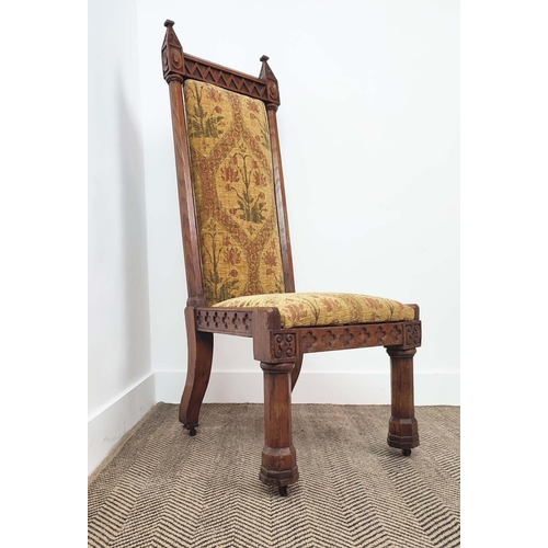 330 - PRIE DIEU CHAIR, Victorian Gothic with oak frame, 115cm H x 46cm W x 60cm D.