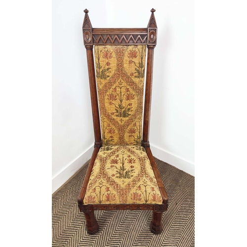 330 - PRIE DIEU CHAIR, Victorian Gothic with oak frame, 115cm H x 46cm W x 60cm D.