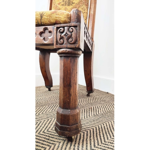 330 - PRIE DIEU CHAIR, Victorian Gothic with oak frame, 115cm H x 46cm W x 60cm D.