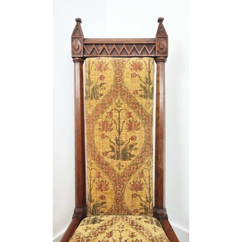 330 - PRIE DIEU CHAIR, Victorian Gothic with oak frame, 115cm H x 46cm W x 60cm D.