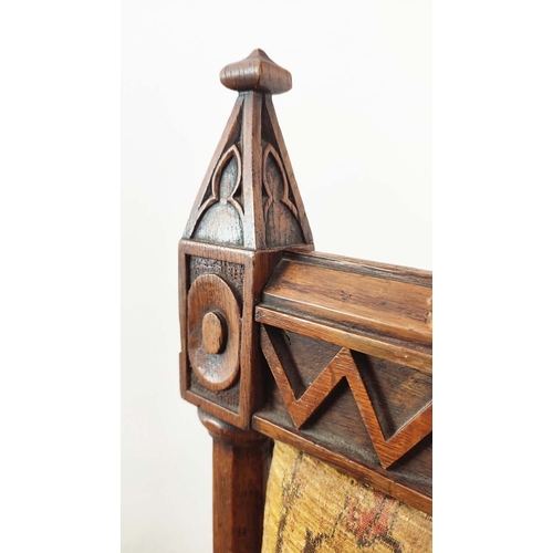 330 - PRIE DIEU CHAIR, Victorian Gothic with oak frame, 115cm H x 46cm W x 60cm D.