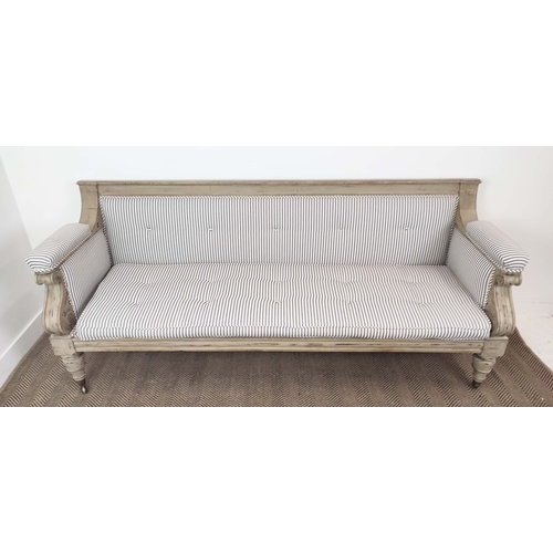 333 - SOFA, William IV and later grey painted with squab cushion in new ticking on brass castors, 91cm H x... 