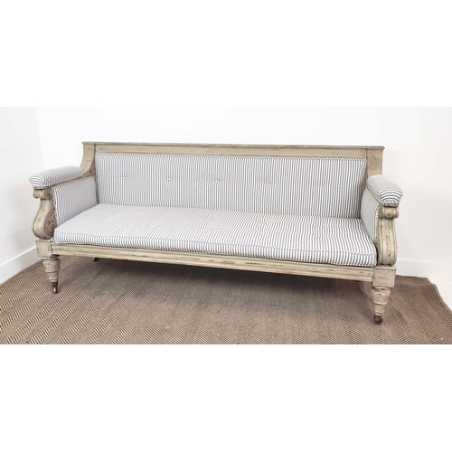 333 - SOFA, William IV and later grey painted with squab cushion in new ticking on brass castors, 91cm H x... 