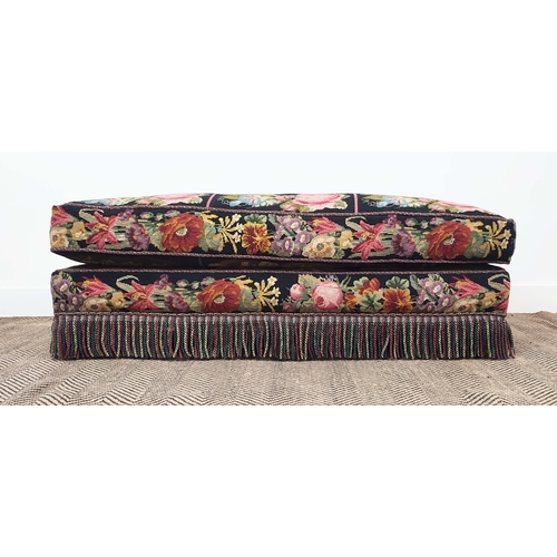 335 - NEEDLEPOINT OTTOMAN, with upholstered squash cushions and tasselled fringe, 40cm H x 127cm W x 43cm ... 