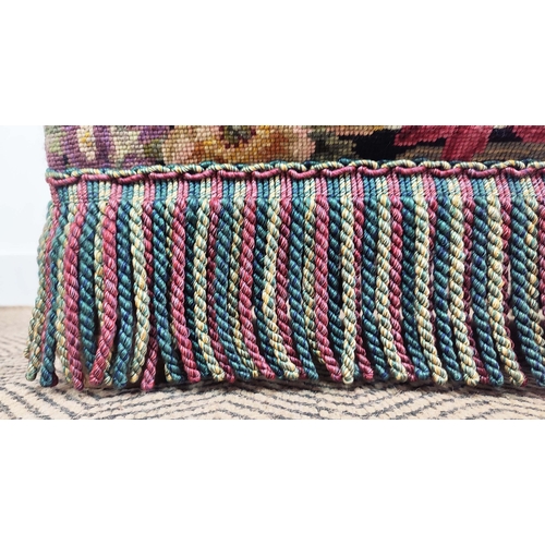 335 - NEEDLEPOINT OTTOMAN, with upholstered squash cushions and tasselled fringe, 40cm H x 127cm W x 43cm ... 