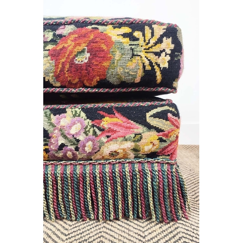 335 - NEEDLEPOINT OTTOMAN, with upholstered squash cushions and tasselled fringe, 40cm H x 127cm W x 43cm ... 