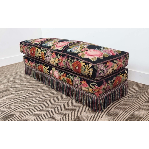 335 - NEEDLEPOINT OTTOMAN, with upholstered squash cushions and tasselled fringe, 40cm H x 127cm W x 43cm ... 