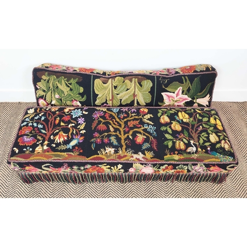 335 - NEEDLEPOINT OTTOMAN, with upholstered squash cushions and tasselled fringe, 40cm H x 127cm W x 43cm ... 