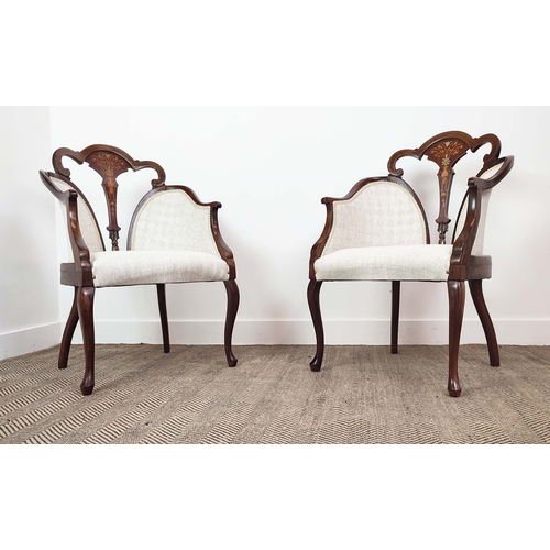 338 - SALON ARMCHAIRS, a pair, Edwardian walnut with marquetry inlaid backs raised on slender cabriole sup... 