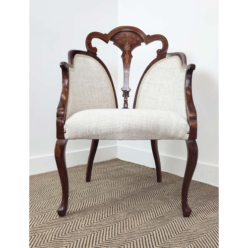 338 - SALON ARMCHAIRS, a pair, Edwardian walnut with marquetry inlaid backs raised on slender cabriole sup... 