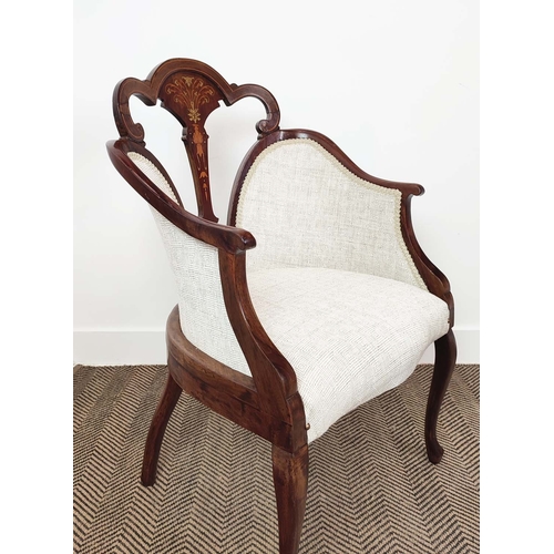 338 - SALON ARMCHAIRS, a pair, Edwardian walnut with marquetry inlaid backs raised on slender cabriole sup... 