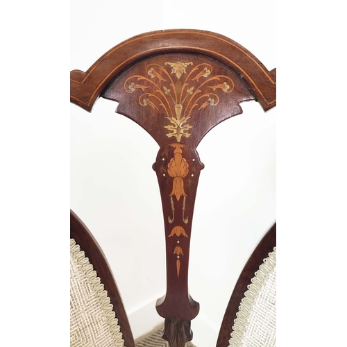 338 - SALON ARMCHAIRS, a pair, Edwardian walnut with marquetry inlaid backs raised on slender cabriole sup... 