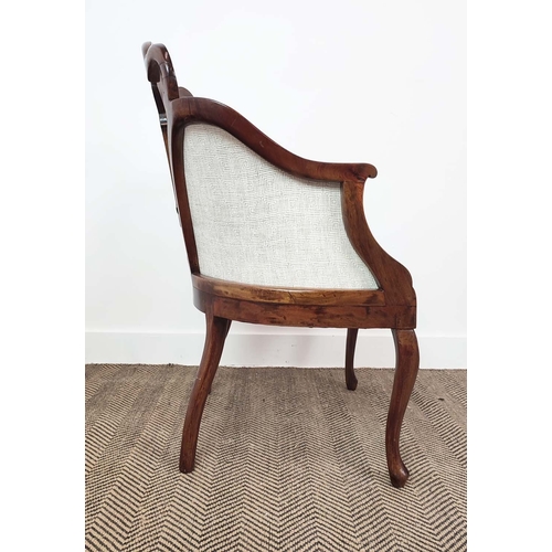 338 - SALON ARMCHAIRS, a pair, Edwardian walnut with marquetry inlaid backs raised on slender cabriole sup... 