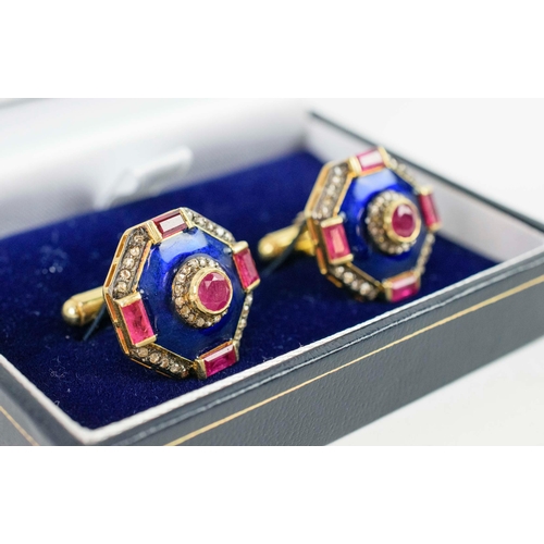 34 - A PAIR OF RUBY AND DIAMOND CUFFLINKS, silver-gilt, each of octagonal form, set with rubies and diamo... 