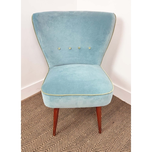 340 - COCKTAIL CHAIR, with blue velvet upholstery, 77cm H x 60cm W x 58cm D.