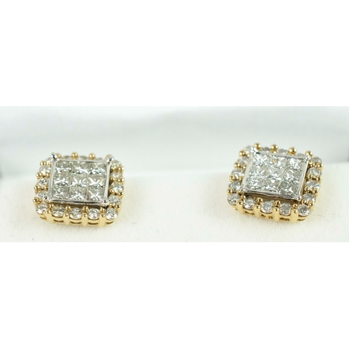 35 - A PAIR OF DIAMOND STUD EARRINGS, each set with nine princess-cut diamonds to centres with sixteen ro... 