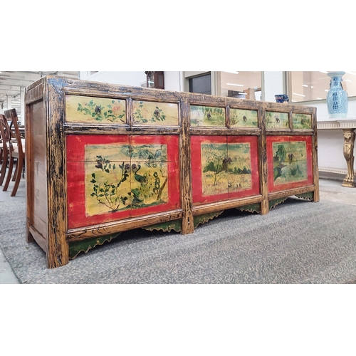 354 - CHINESE SIDEBOARD, in a polychrome distressed finish, 46cm D x 90cm H x 249 L.