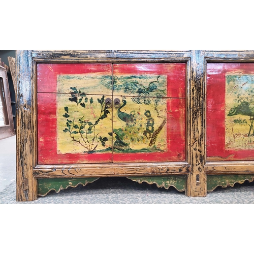 354 - CHINESE SIDEBOARD, in a polychrome distressed finish, 46cm D x 90cm H x 249 L.