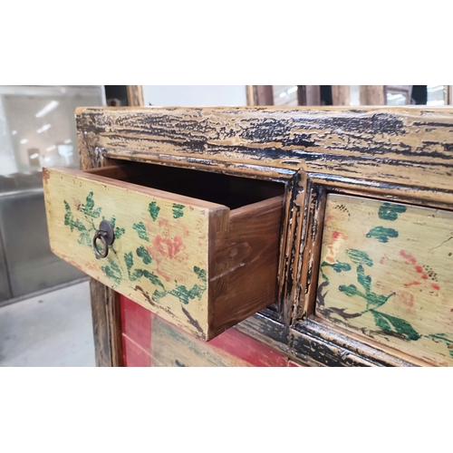 354 - CHINESE SIDEBOARD, in a polychrome distressed finish, 46cm D x 90cm H x 249 L.