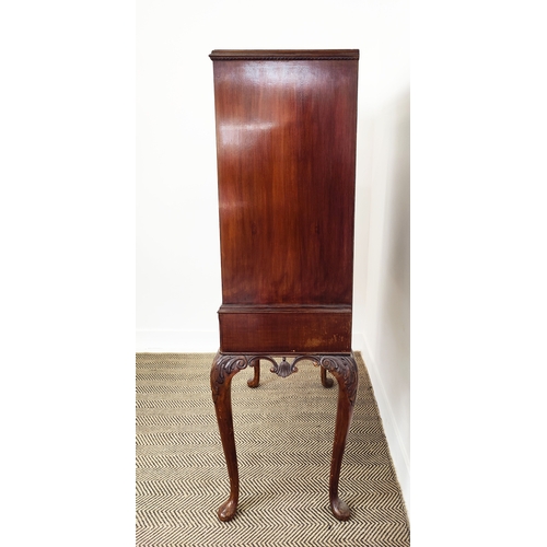 355 - COCKTAIL CABINET, Queen Anne style burr walnut, with cupboard door, over two drawers on a carved sta... 