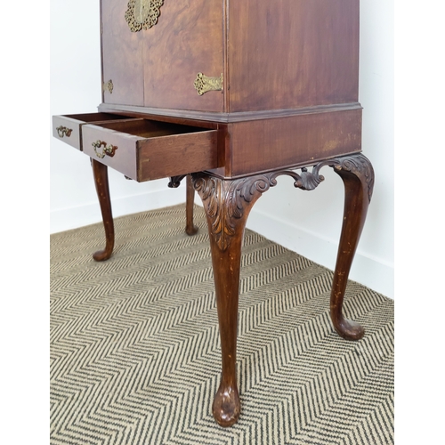 355 - COCKTAIL CABINET, Queen Anne style burr walnut, with cupboard door, over two drawers on a carved sta... 