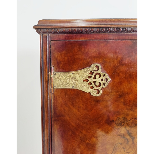 355 - COCKTAIL CABINET, Queen Anne style burr walnut, with cupboard door, over two drawers on a carved sta... 