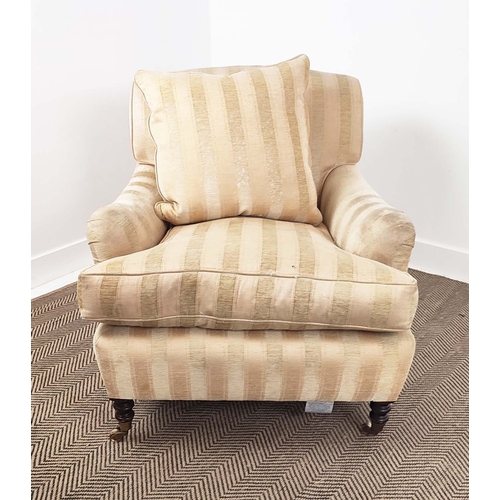 362 - GEORGE SMITH ARMCHAIR, with peach and gold striped upholstery, 82cm H x 78cm W x 100cm D.