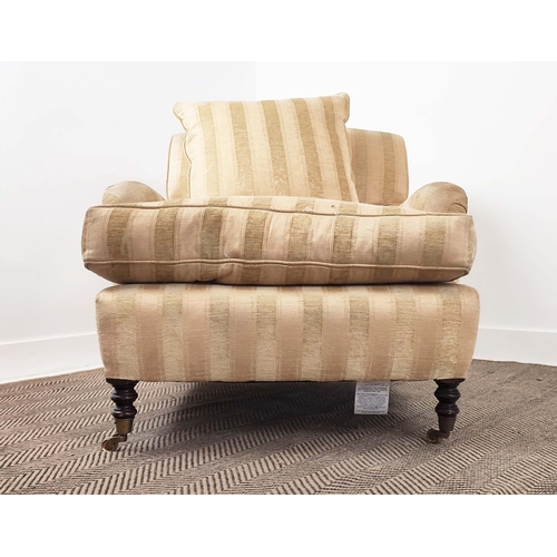 362 - GEORGE SMITH ARMCHAIR, with peach and gold striped upholstery, 82cm H x 78cm W x 100cm D.